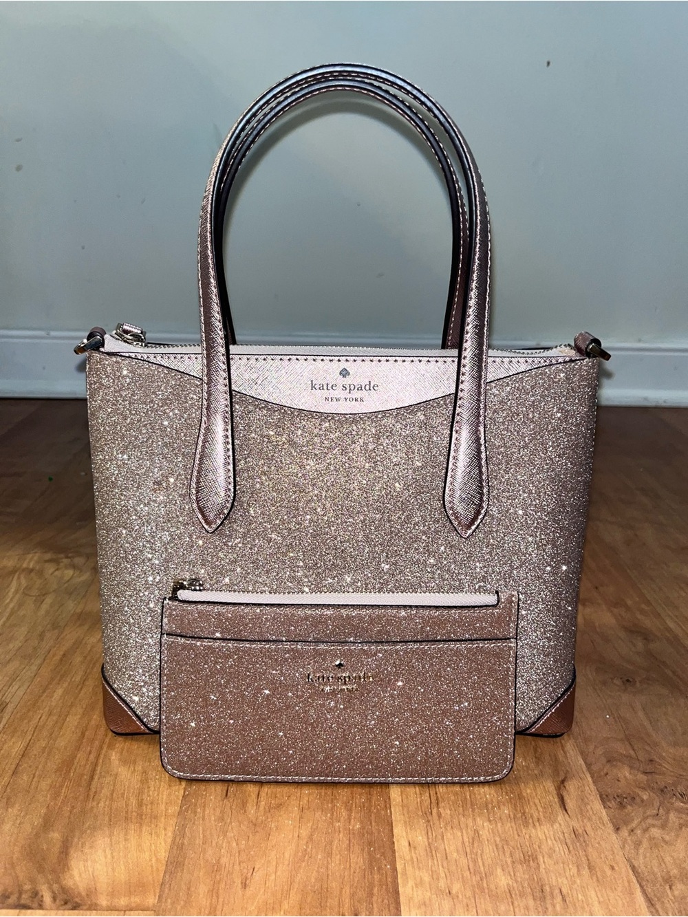 Kate Spade Rose Gold Glitter Tote with Matching Card Holder